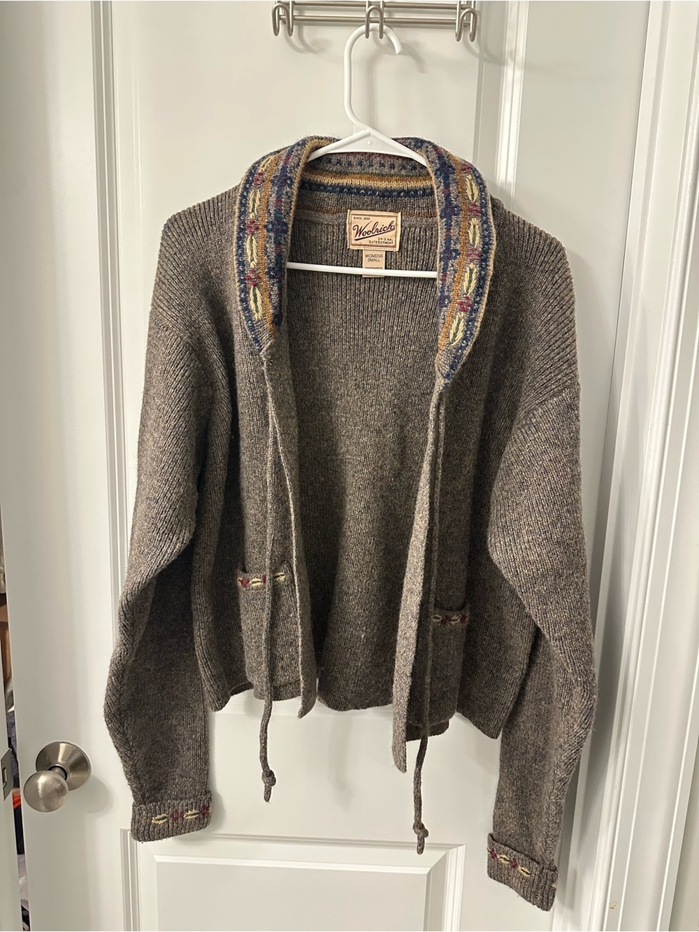 Woolrich Wool Blend Brown Shawl Collar Cardigan with Multicolor Trim